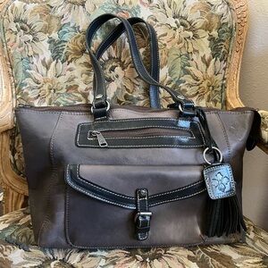 Patricia Nash Gray Tassels Distressed Leather Tote Bag Large Shoulder Bag